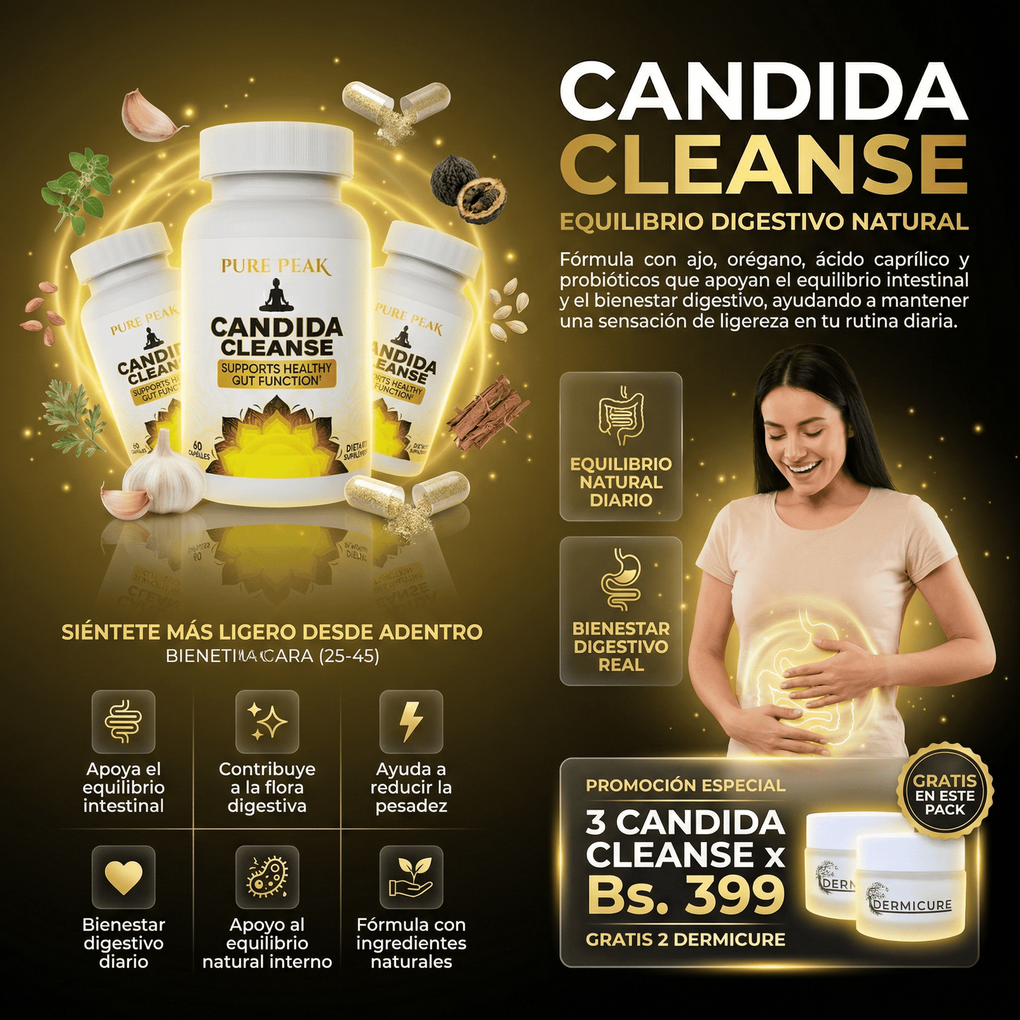Candida Cleanse Suplemento natural para una digestión saludable - Promo 3 frascos + 2 frascos de Dermicure gratis