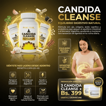 Candida Cleanse Suplemento natural para una digestión saludable - Promo 3 frascos + 2 frascos de Dermicure gratis